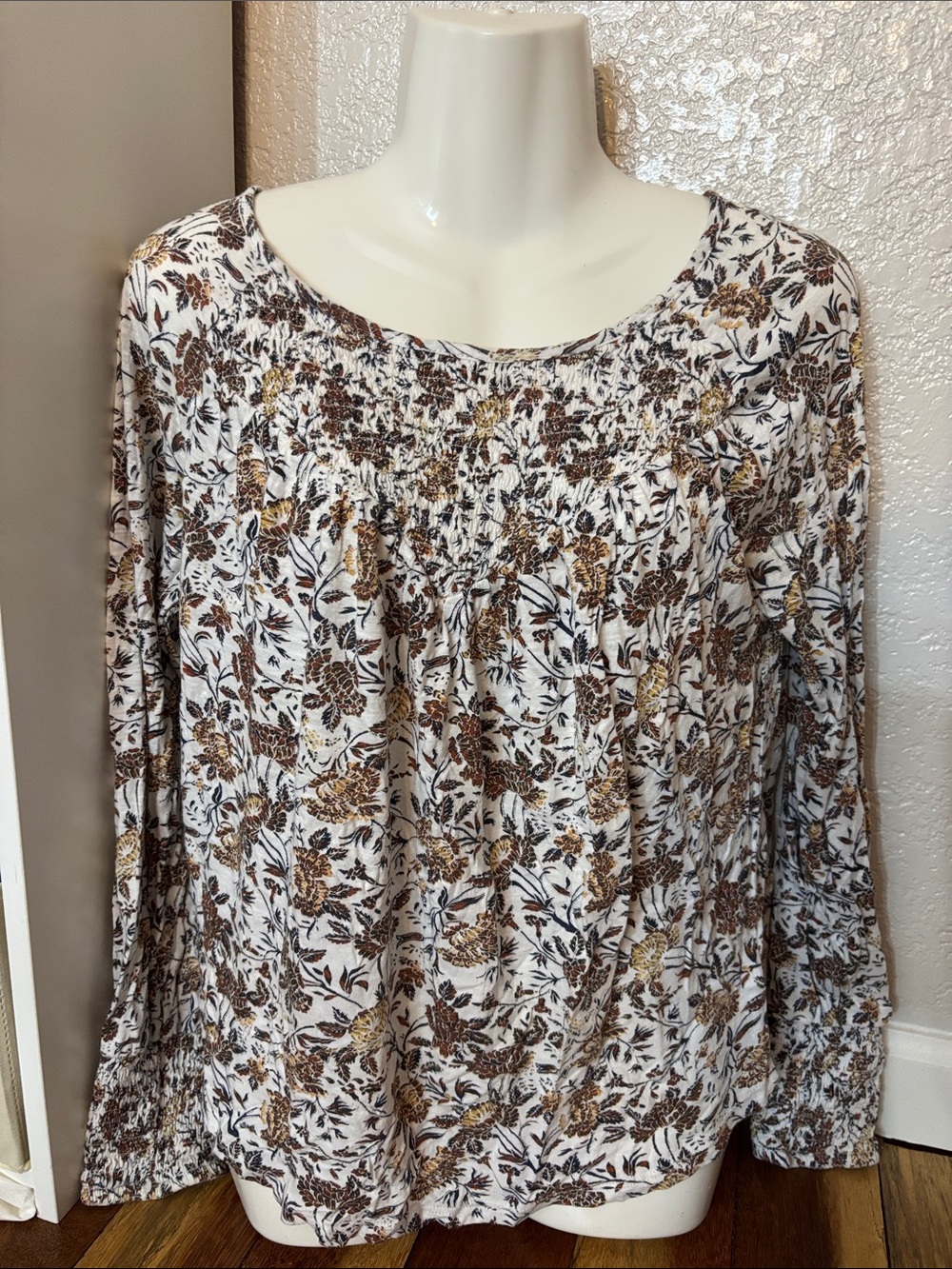 Lucky Brand Cream Blouse with Brown & Navy Floral Print